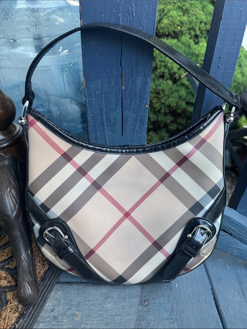 Burberry Shoulder Bag Nova check PVC leather black beige half moon handbag 4194